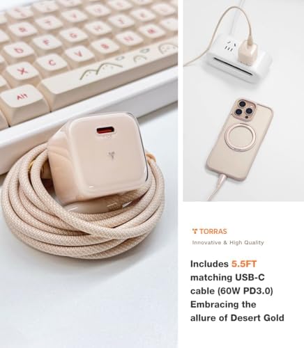 Ultra-Fast TORRAS Icenano 30 W USB-C Charger Block – PD 3.0 Compatible Wall Adapter with 5.5 ft Cable, Stylish Crystal Pink Design, Low-Temperature Operation for Safe Charging of i Phone 16/15 & Mag Safe – Perfect for Travel and Home Use