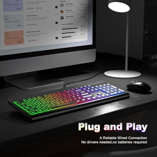 Illuminate Your Workspace with the Large Print Backlit Keyboard – Ergonomic USB Wired Multimedia Keyboard with Rainbow LED Lighting for Enhanced Comfort and Visibility on Windows PCs & Laptops