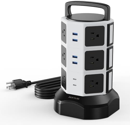 JACKYLED Power Strip Tower Surge Protector with 12 Outlets and 6 USB Ports (2 USB-C) – High-Speed Charging Station with 1050 Joules Protection, 1625 Watts, 6.5 ft Extension Cord for Enhanced Home Office Efficiency and Device Safety