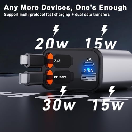 Ultra-Compact 4-in-1 Retractable Car Charger – Dual Type-C and USB Ports, Super Fast Charging for Samsung Galaxy Note Series and More – Multi-Device Convenience for Road Trips and Daily Commutes