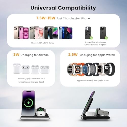 Transform Your Charging Routine with the Jabees Power Glow 4-in-1 Wireless Charging Station – Fast Qi Technology for i Phone 15/14/13, Samsung Galaxy, Apple Watch, and Air Pods Pro – Sleek Black Design with Dual-Color LED Night Light for Enhanced Ambiance and Efficiency – Perfect for Tech-Savvy Individuals Seeking Organization and Style