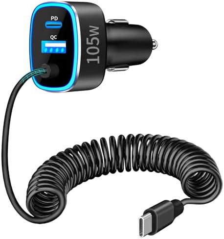 Rombica 105 W MFi Certified Dual USB-C & USB-A Fast Car Charger for i Phone 16 Pro Max – Ultimate Portable Power Solution with 6 FT Coiled Type-C Cable for Rapid Charging on the Go, Perfect for Road Trips and Daily Commuting