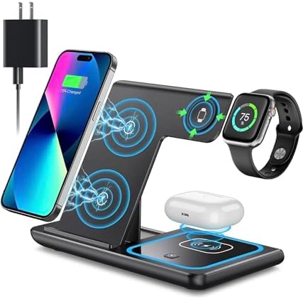 Ultimate 3-in-1 Wireless Charging Station for i Phone and Apple Watch – Fast, Efficient, and Travel-Friendly Power Hub for i Phone 15, 14, 13, 12, 11 Pro Max, XR, XS, 8 Plus & Apple Watch Series 8, 7, 6, 5 – Sleek Design with Built-in Safety Features for Clutter-Free Charging Experience