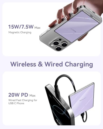 Ultra-Slim Kuulaa Mag Safe Battery Pack 5000 m Ah – Magnetic Portable Charger for i Phone 12-16 Pro Max with USB-C PD 20 W Fast Charging, Elegant Titanium Finish for On-the-Go Power Solutions