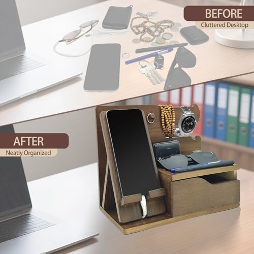 Sleek 3-in-1 Wood Phone Docking Station with Hidden Charging Hole & Drawer – Multifunctional Organizer for Phones, Keys, Glasses & Accessories, Ideal Men’s Desk Solution (Brown) – Premium Quality & Enhanced Compatibility