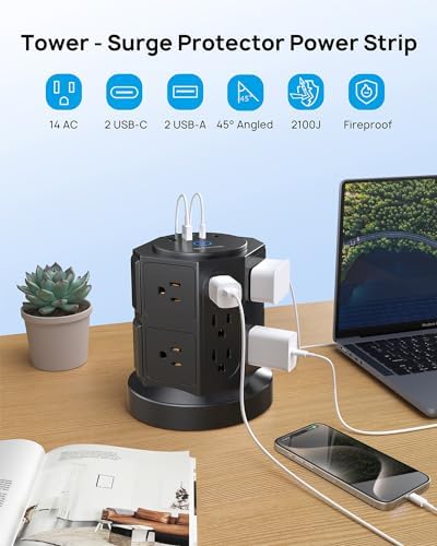 TROND Tower Surge Protector Power Strip – 14 Spacious Outlets & 4 Fast USB Ports (2 USB-C) – 2100 Joules Surge Defense – 6 Feet Versatile Extension Cord for Home Office & Dorm Setup – Streamlined Design for Optimal Charging Efficiency and Device Safety