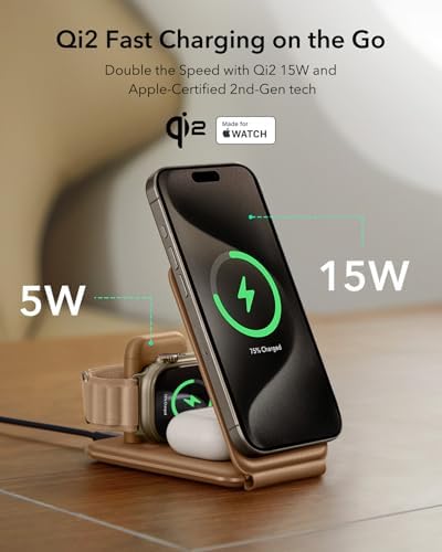 ESR Qi2 All-in-One 3-in-1 Charging Station for Apple Devices – Fast 15 W Mag Safe Charger, Certified Apple Watch & Air Pods Power Hub, Ideal Travel Companion for i Phone 16/15/14/13/12 Series, Sleek Black Design with Travel Bag Included – Maximizing Efficiency and Style