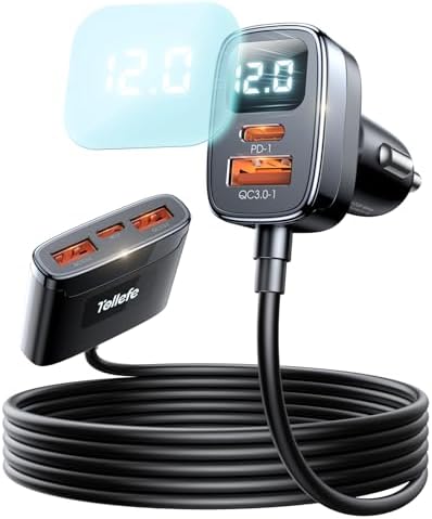 Ultimate 78 W Multi-Port USB-C Car Charger with LED Voltage Display – Rapid Charging for i Phone 16/15 Pro Max, Samsung S24 & More – 5 FT Cable Included for Enhanced On-the-Go Power Solutions