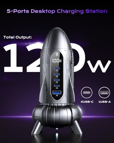 ASOMETECH 120 W Multiport Charging Station – 5-Port Ga N USB-C Fast Charger Hub with 4 USB-C & 1 USB-A Ports, PD 100 W Laptop Power Adapter for Mac Book Pro/Air, i Phone, Samsung, Tablets & More – Ultimate Compatibility and Speed for Home & Travel