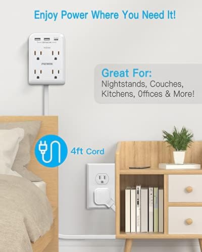 Maximize Power Efficiency with 6 ft Flat Electrical Outlet Extender – 4 Outlets & 3 USB-C Ports, Space-Saving Surge Protector for Home & Office, Rapid Device Charging Power Hub, Sleek White Design