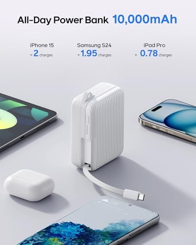 Compact 10,000 m Ah USB-C Power Bank with Retractable Cable – Fast Charging Dual Output Battery Pack for Android Devices, TSA-Compliant Travel Charger with Built-In Safety Features and Convenient Carry Loop for On-the-Go Power