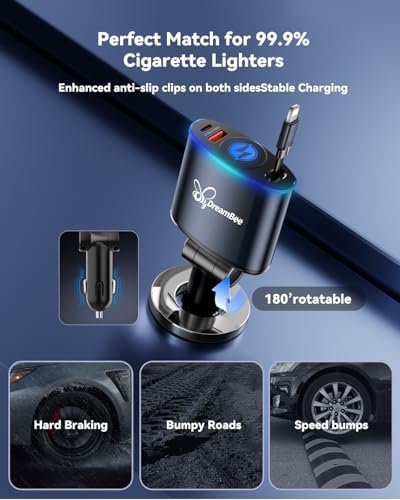 Ultimate 162 W 3-in-1 Retractable Car Charger for i Phone and Samsung – Super Fast Charging with 35.4-Inch Cable and Dual USB Ports for On-the-Go Power Connectivity – Essential Travel Accessory for Efficient Device Charging