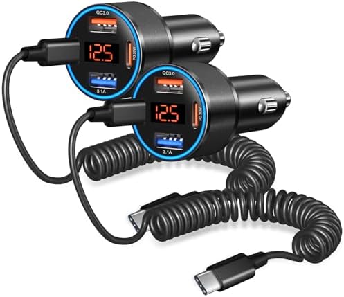 Ultimate 65 W 4-Port Fast Car Charger for Samsung Galaxy & Android Devices – Supercharge Your Journey with USB-C PD/QC3.0 Technology, 5 ft Coiled Cable & Integrated Voltage Meter – Stay Powered on the Go!