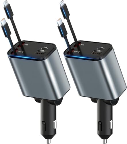 Dual-Port Retractable 4-in-1 Car Charger Set – Fast Charge i Phone and USB-C Devices with 2.6 ft Cords – Essential Gray Adapter for Men and Women – Perfect Travel Companion and Gift for Efficient Charging on the Go