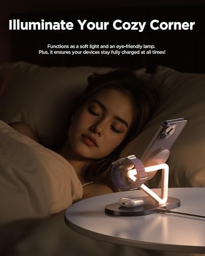 PISEN Qi2 15 W Mag-Safe 3-in-1 Wireless Charging Stand with Adjustable Night Light – Fast, Reliable Charging for i Phone 16/15/14/13/12, Apple Watch & Air Pods – Tidy Desk Solution with Intelligent LED Indicator & Safety Features