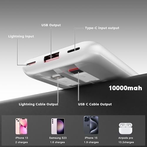 Ultra-Slim 10000 m Ah Power Bank with Integrated Cables – Rapid Charge Portable Charger for i Phone 15/16, Samsung & Android – 4 Device Outputs with Smart LED Display – Lightweight Travel Companion with Advanced Safety Features