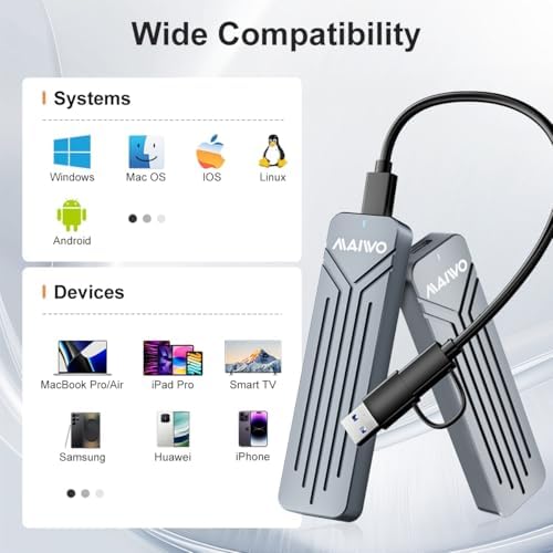 MAIWO 8 TB M.2 NVMe SSD Enclosure – USB 3.2 GEN2 10 Gbps High-Speed Adapter for Enhanced Performance & Compatibility – Portable Aluminum Design with UASP and Trim Support for Ultimate Data Efficiency