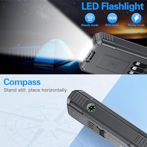 High-Capacity 33800 m Ah Solar Power Bank with 4 Built-in Cables – 22.5 W Fast Charging, 7 Outputs & 4 Inputs, Integrated Compass & SOS Features for Outdoor Adventures – Rugged Portable Charger with Strong Flashlight for Emergency Preparedness
