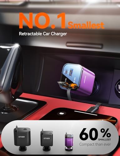 JOYROOM Ultra-Compact 84 W Retractable Car Charger – Fast USB-C Charging for i Phone 12-16 | Travel Essential Car Adapter for Quick Device Power-Up | Sleek Design, Tangle-Free Cable, Perfect Gift for Men & Women