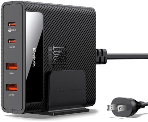 Mcdodo 100 W Fast Charging Station – 4-in-1 Multiport USB Hub with 2 USB-A & 2 USB-C for Rapid Power Delivery – Ga N Technology Desktop Charger for i Phone, i Pad, Android, Mac Book – Includes 1.5 m AC Power Cable for Optimal Placement and Enhanced Device Compatibility