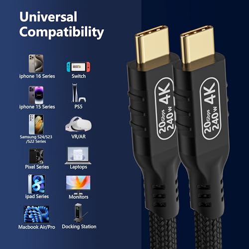 Ultra-Fast USB C Cable 3.2 Gen 2 – 16.5 ft Type C to Type C, 20 Gbps Data Transfer, 100 W PD Fast Charging, 4 K@60 Hz Video Output for Monitors – Versatile Connectivity for Laptops, Smartphones, and More