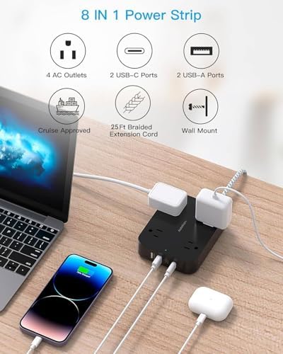 HANYCONY 10 Ft Ultra Thin Flat Extension Cord with 4 AC Outlets & 4 USB Ports (2 USB-C) – Wall-Mountable Power Strip & Desk Charging Station for Seamless Office, Dorm, and Travel Connectivity – Superior Surge Protection & Space-Saving Design