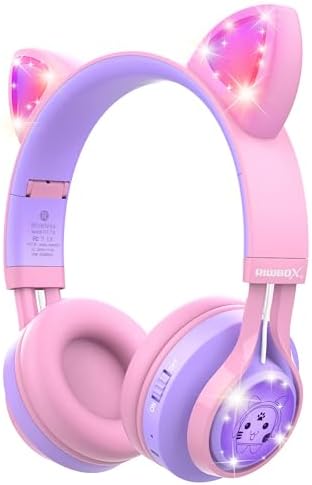 Riwbox CT-7 S Cat Ear Bluetooth Headphones for Kids – Fun LED Light Design with Safe 85 d B Volume Limiting, Comfortable Over-Ear Fit, Built-in Microphone for Seamless Video Calls and Gaming, Perfectly Compatible with Laptops, PCs, and TVs for Young Audiophiles Seeking Engaging Audio Adventures