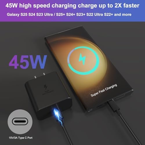 45 W USB C Charger Duo Pack – Ultra-Fast PPS Wall Adapter for Samsung Galaxy S25, S24, S23 Ultra & More – Includes 6 ft Type C Charging Cable for Enhanced Performance & Safety – Perfect for Home & Travel Use