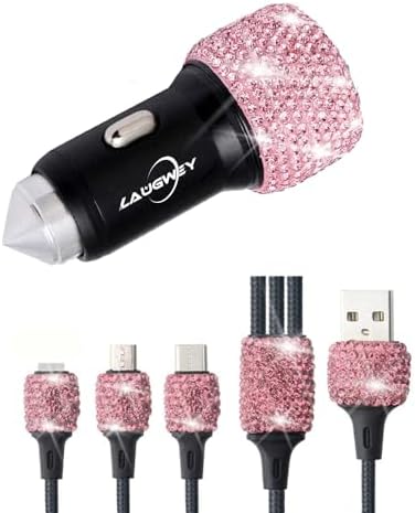 Chic Rhinestone Dual USB Car Charger & 3-in-1 Braided Charging Cable Set – Stylish Bling Accessories for Fast Charging & Enhanced Compatibility – Perfect for Women’s Vehicles in Silver