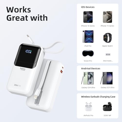 Ultimate 30 W Fast Charging Mini Power Bank for i Phone and Samsung – 10,000 m Ah Portable Charger with Built-In USB-C & Lightning Cables, LED Battery Indicator – Perfect Travel Companion for On-the-Go Charging