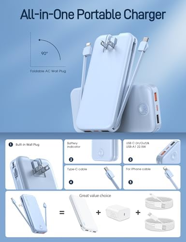 Ultra-Fast Charging Portable Power Bank with Built-In Cable and AC Plug – 12,000 m Ah USB C Travel Charger for i Phone and Android Devices – Lightweight, Compact Design for On-the-Go Power Solutions