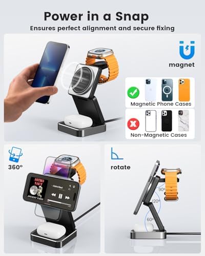 Revolutionary 3-in-1 Wireless Charging Station: 15 W Fast Charger for i Phone, Mag Safe Compatible, Foldable Travel Design for Apple Watch & Air Pods – Ultimate Convenience and Style for Your Nightstand or On-the-Go Power Needs