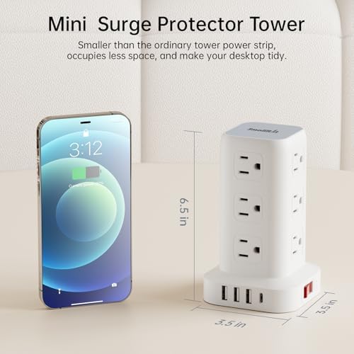 Revolutionize Your Workspace with the Ultra-Thin Surge Protector Power Strip Tower – 10 FT Flat Plug Extension Cord and 1 USB-C Port for Fast Charging, 1020 Joules of Device Protection, Perfect Desk Charging Station for Office and Dorm Room Essentials