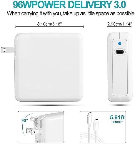 Ultra-Fast 96 W USB-C Charger for Mac Book Pro & Air – High-Efficiency Power Adapter with 5.9 ft Charge Cable – Compatible with All USB-C Devices Including i Pad Pro & More – Intelligent Smart IC Technology for Safe, Rapid Charging – Overload & Short Circuit Protection – Ideal for M1, M1 Pro, M1 Max & M2 Chip Laptops – Compact Design for Easy Portability – CE Certified for Quality Assurance and Long-Lasting Performance – Perfect for Home, Office, or Travel Use – Seamless Compatibility with Samsung Galaxy, Google Pixel, Nintendo Switch, and More – Charge Your Devices in Record Time with Reliable Power Delivery – Experience Enhanced Charging Speed and Efficiency Today!