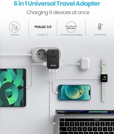 VINTAR Universal Travel Adapter 75 W Ga N Technology: Ultimate All-in-One Power Converter with 3 USB-C PD and 2 USB-A Quick Charge Ports for Global Use – Compact Power Solution for Laptops & Smartphones in 200+ Countries – Reliable Performance with Safety Features for Hassle-Free Charging