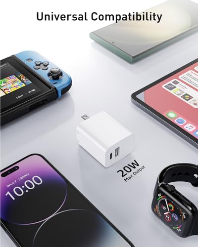 20 W Dual Port USB-C Wall Charger Block – Fast Charging Adapter with Foldable Plug for i Phone 15/15 Pro/14/14 Pro Max/13, Galaxy, i Pad, Google Pixel – Compact Travel Essential for Dual Device Power Delivery