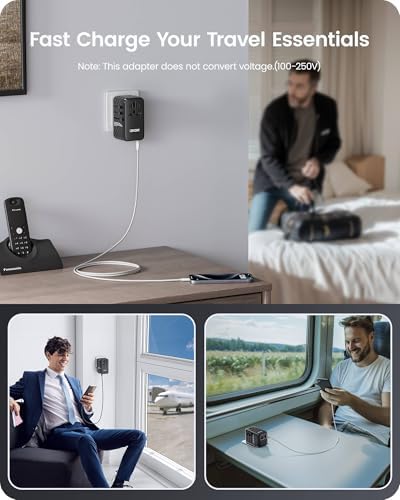 85 W Universal Travel Power Adapter with Retractable USB-C Cable – Optimal Fast Charging Hub for Global Use, Featuring 4 Ports for Seamless Connectivity in US, EU, UK & Beyond, Engineered for On-the-Go Professionals Seeking Efficiency and Versatility
