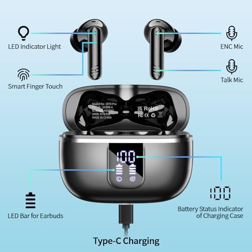 Advanced Bluetooth 5.4 Wireless Earbuds – Superior Deep Bass Audio with Noise-Canceling Mic, 38-Hour Battery Life, IPX7 Waterproof Rating, LED Battery Indicator – Optimized for Android & i OS, Tailored for Fitness Enthusiasts and Everyday Listening