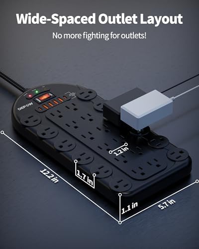Ultimate Power Strip with 24 AC Outlets and 6 USB Ports, Including 2 High-Speed USB-C Ports, 3400 Joules Surge Protection, 10 Ft Heavy-Duty Flat Plug Extension Cord, Wall Mountable Design for Home and Office Use, ETL Listed for Safety Compliance