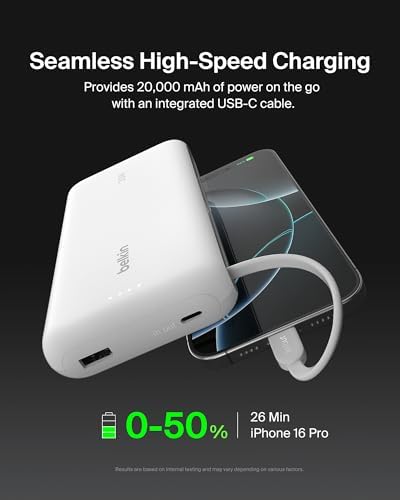 Belkin 10,000 m Ah Portable Charger – Fast Charge Power Bank with Integrated Cable for i Phone 16, i Pad Pro, Galaxy S25 – 20 W USB-C Power Delivery – Lightweight Pink Design for Ultimate Portability and Versatile Compatibility