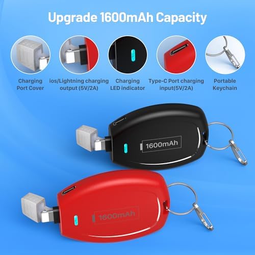 Compact Keychain Power Bank Duo: 1600 m Ah Emergency Charger for i Phone 8, 11, 12, 14 & Air Pods – Ultra-Portable Mini External Battery Pack in Stylish Blue & Pink – Fast Charging & Enhanced Compatibility for On-the-Go Power Solutions