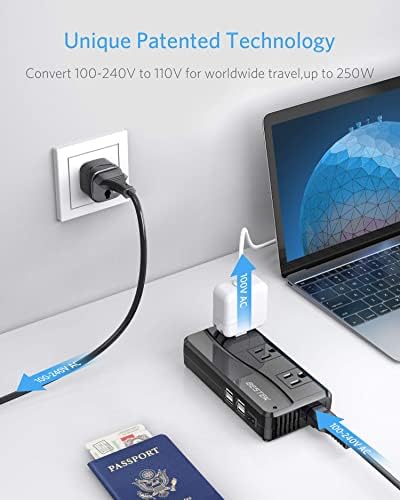 Versatile 250 W International Travel Power Adapter – Efficient 220 V to 110 V Voltage Converter with 4 Fast-Charging USB Ports and Global Plug Compatibility for US, AU, EU, UK, India & South Africa – Essential Power Solution for World Travelers and Business Professionals