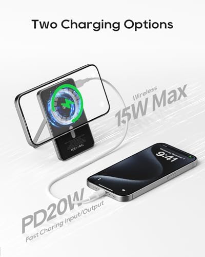 Ultra-Slim Kuulaa Mag Safe Wireless Power Bank 5000 m Ah – 20 W Fast Charging Portable Charger with Magnetic Wallet & Stand for i Phone 15/14/13/12 Pro Max – High-Performance USB-C Battery Pack for On-the-Go Convenience