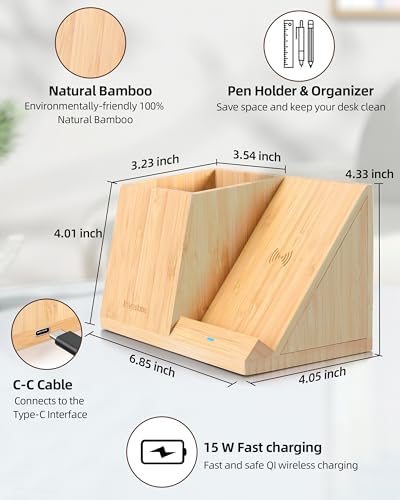 3-in-1 Bamboo Wireless Charger with Desk Organizer, Bamboo Pen Holder for Desk, 15W Fast Wireless Charger with Pen Holder for Home Office Supplies, Compatible with iPhone and Samsung – Enhanced Compatibility and Speed