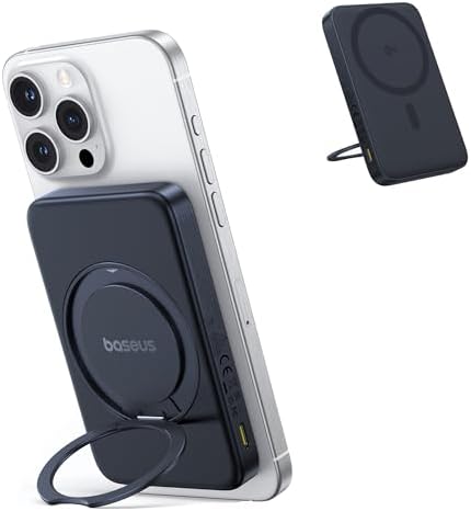Baseus Qi2 Mag Safe Ultra-Slim Power Bank for i Phone 16/15/14/13/12 – 15 W Fast Wireless Portable Charger with Magnetic Design and 360° Rotatable Stand – 5000 m Ah Battery Pack for On-the-Go Charging – Sleek Black Finish and Enhanced Compatibility