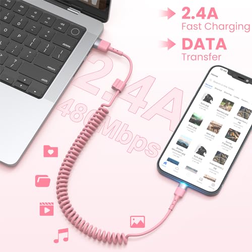 Stylish 3 FT Pink Coiled i Phone Charger 2-Pack – MFi Certified USB to Lightning Cable for Apple Car Play – Fast Charging, Tangle-Free, Trendy Design for Home & On-the-Go Power Solutions
