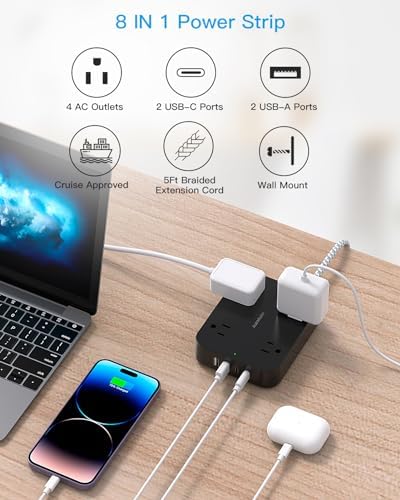HANYCONY 10 Ft Ultra Thin Flat Extension Cord with 4 AC Outlets & 4 USB Ports (2 USB-C) – Wall-Mountable Power Strip & Desk Charging Station for Seamless Office, Dorm, and Travel Connectivity – Superior Surge Protection & Space-Saving Design