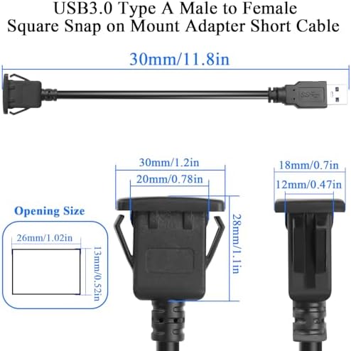 QIANRENON USB3.0 Snap-On Mount Adapter: 5 Gbps High-Speed Extension Cable for Dashboards, 30 cm Flush Connector with 5 V/2 A Charging – Perfect for Clean Installations and Enhanced Device Compatibility