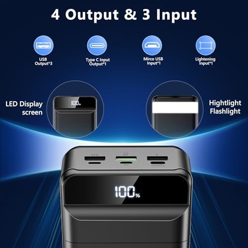 High-Capacity 60000 m Ah Power Bank with 22.5 W Fast Charging, 4 Device Outputs & 3 Input Options, LED Display & Built-in Flashlight – Ultimate Portable Charger for All Electronic Devices