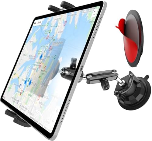 Universal Windshield Tablet Holder with Adjustable Aluminum Arm – Secure Dashboard Mount for i Pad Pro, Galaxy Z Fold & 4-13″ Devices – Effortless Installation & Enhanced Visibility for Safer Driving Experience in Trucks, Cars, SUVs & Business Vehicles